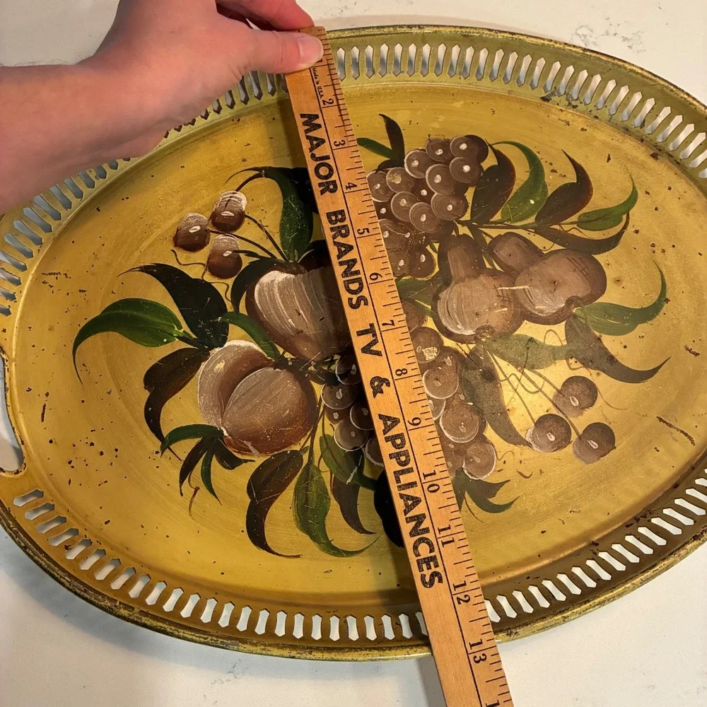 Vtg Toleware Serving Tray Hand Painted Farmhouse Cottage Mid Cent French Country